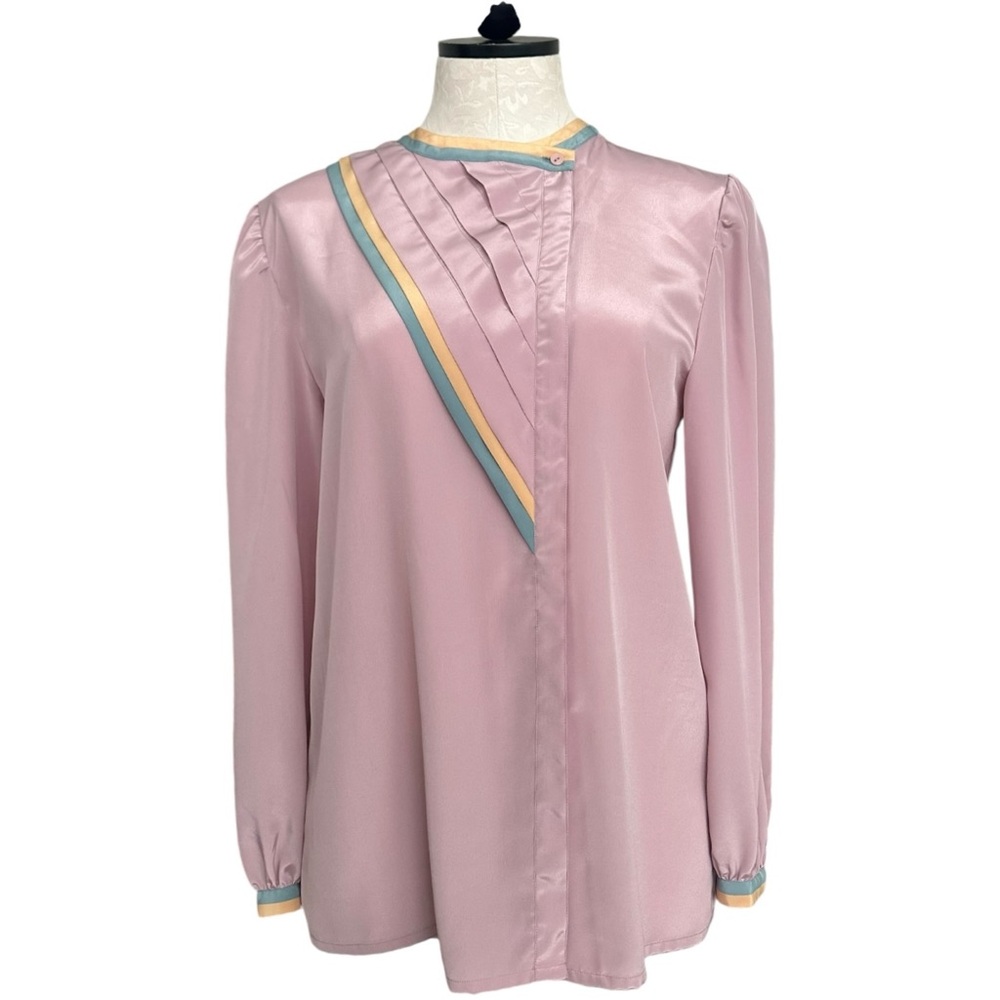 Vintage Karoline 1970's Blouse Mauve Asymetrical Pleats Green Gold Trim Fits M